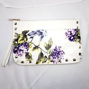 White House Black Market WHBM Floral Studded Wristlet Clutch White Purple Green